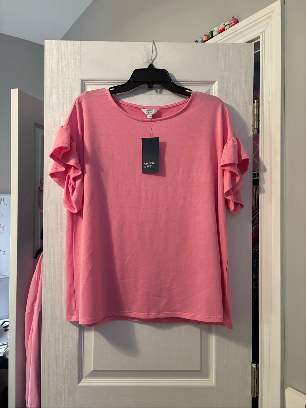 crown & ivy Pink Short Sleeve Ruffle Tee